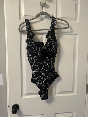 Dkny Black One-Piece Swimsuit with White Abstract Lines